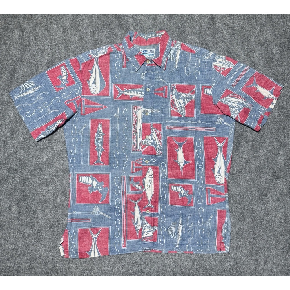 AFTCO Button Up Shirt Men Medium Blue Fish Hooks Short Sleeve Coastal USA Made